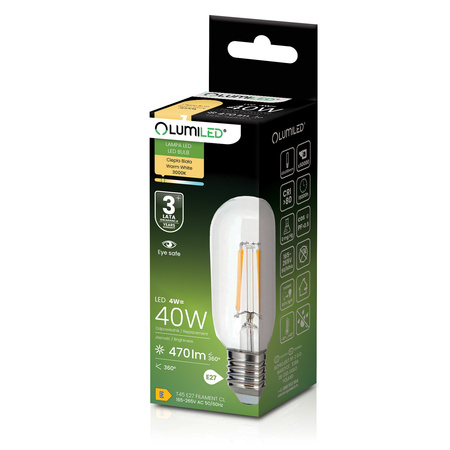 LED žárovka E27 T45 FILAMENT 4W = 40W 470LM 3000K teplá bílá 360° Dekorativní LUMILED