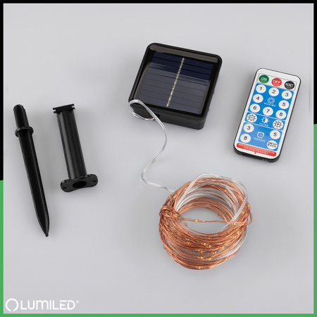 Solární Zahradní Světelný Řetěz 100x LED Dekorační Dráty 12m 2700K Teplá + DÁLKOVÉ OVLÁDÁNÍ FILO LUMILED