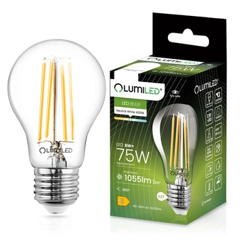 Žárovka LED E27, A60 8W = 75W 1055lm 4000K Neutrální bílá 360° Filament LUMILED
