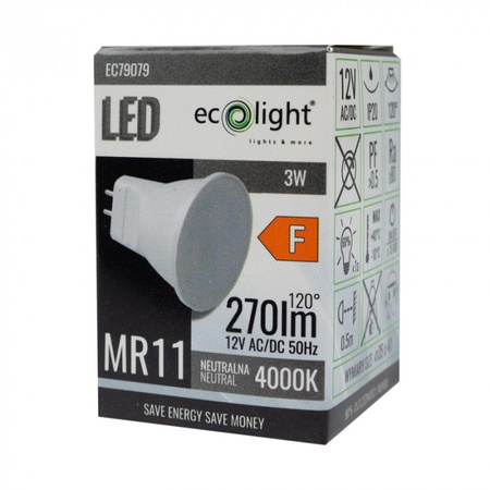 LED reflektorová žárovka MR11 3W 270lm 4000K neutrální bílá 12V Ecolight