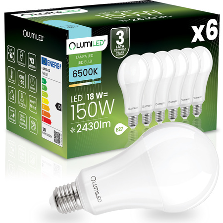 6x LED žárovka E27 A70 18W = 150W 2430lm 6500K Cold 260° LUMILED