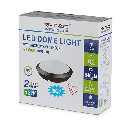 Stropní svítidlo LED Plafond 12W 3000K 840lm IP66 kulaté s mikrovlnným senzorem černé VT-8008 V-TAC