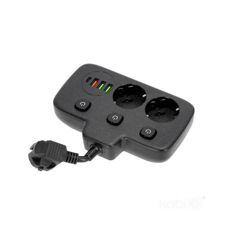 KOBI LINEA FL rozbočovač 2x230V země, 3 přepínače 4xUSB černá