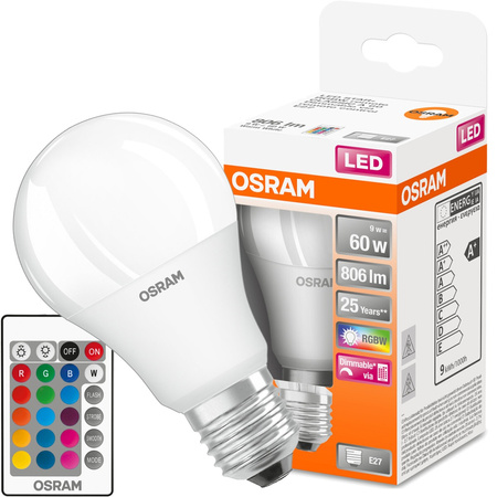 LED žárovka E27 A60 9W = 60W 806lm RGBW 180° OSRAM Star + PILOT