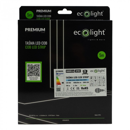 LED pásek COB 7W/m 560lm/m 480LED/m 12V 6000K studená bílá IP20 Roll 5m Ecolight