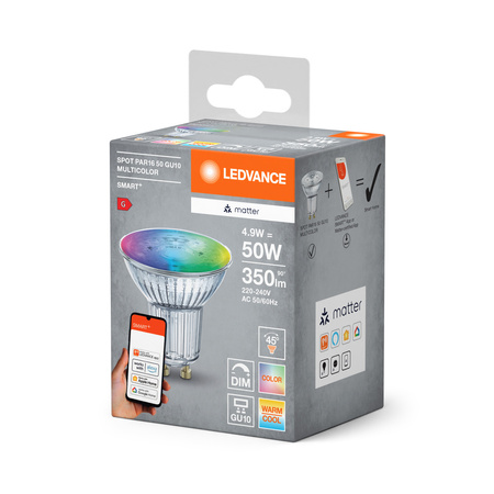 LED GU10 4,9W = 50W 350lm RGB CCT Stmívatelná žárovka SMART+ Matter WiFi Ledvance