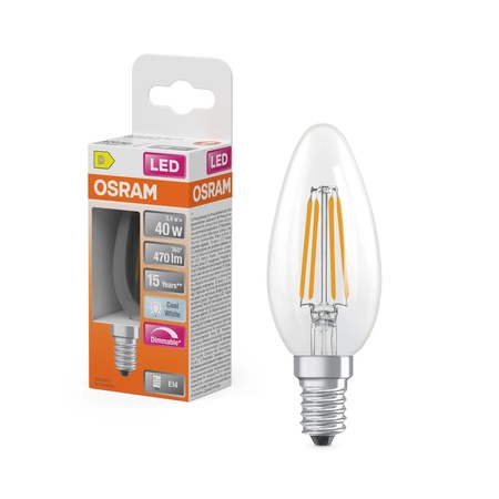 LED žárovka B35 E14 svíčka 3,4W = 40W 470lm 4000K neutrální bílá 320° stmívatelná vlákno SUPERSTAR Osram