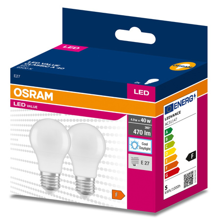 2x LED žárovka E27 A60 4.9W = 40W 470lm 6500K Studená bílá 200° OSRAM HODNOTA