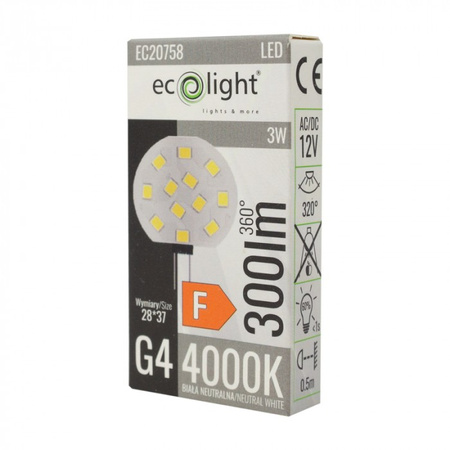 LED žárovka s kapslí G4 3W 280lm 4000K Neutral 12V Ecolight