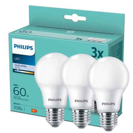 3x LED žárovka E27 A60 8W = 60W 806lm 4000K neutrální bílá PHILIPS