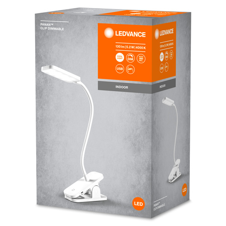 LED stolní lampa Clip nastavitelná 5,2W 80lm 4000K neutrální stmívatelná baterie bílá Panan Ledvance