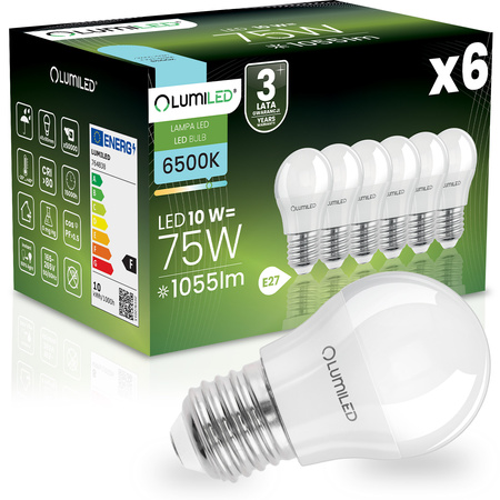 6x Žárovka LED E27, P40 10W = 75W 1055lm 6500K Studená bílá 180° LUMILED