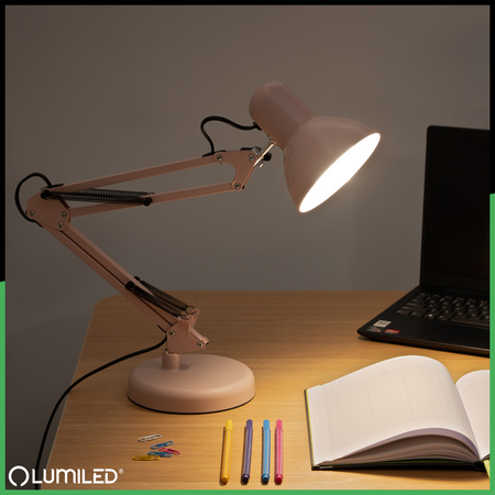 Stolní kreslící lampa E27 TOBI Pastelově růžová Lumiled + držák na desku