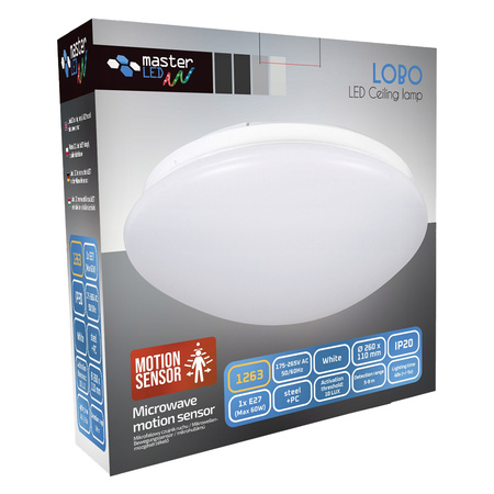 Stropní svítidlo Plafond 1x E27 s čidlem pohybu kulaté bílé LOBO Masterled