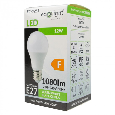 LED žárovka A60 E27 12W 1080lm 3000K teplá bílá Ecolight