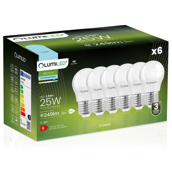 6x LED žárovka E27 P40 2.5W = 25W 249lm 6500K Studená bílá 180° LUMILED