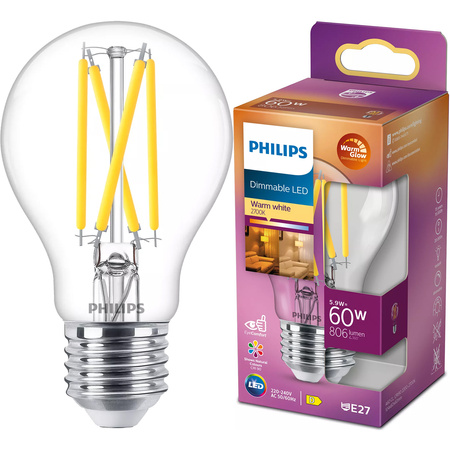 LED žárovka E27 A60 5.9W = 60W 806lm 2700 Teplá bílá Filament PHILIPS Stmívatelné