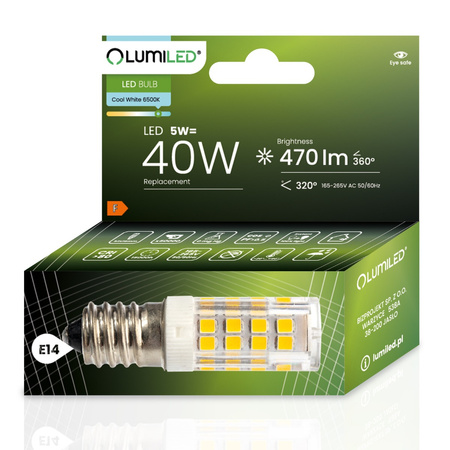 Žárovka LED E14, T25 5W = 40W 470lm 6500K Studená bílá 320° LUMILED