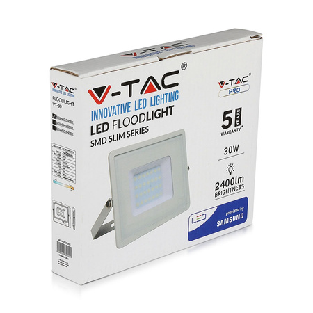 Reflektor LED 30W 2400lm 6400K IP65 Bílý čip Samsung VT-30-W V-TAC