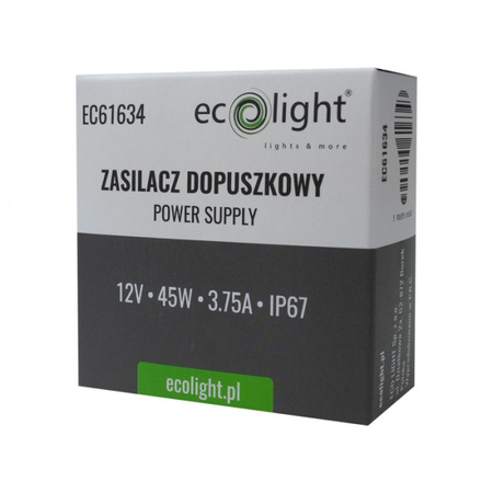 Vstupní napájecí zdroj FI60 pro LED pásky 45W 12V 3,75A Hermetický IP67 Ecolight