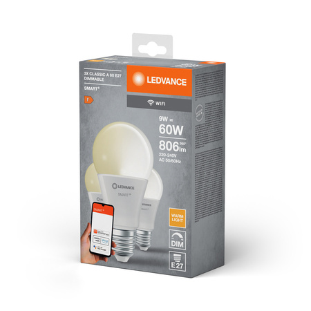 3x LED žárovka E27 A60 9W 806lm 2700K Teplá bílá SMART+ WiFi Stmívatelné Classic LEDVANCE