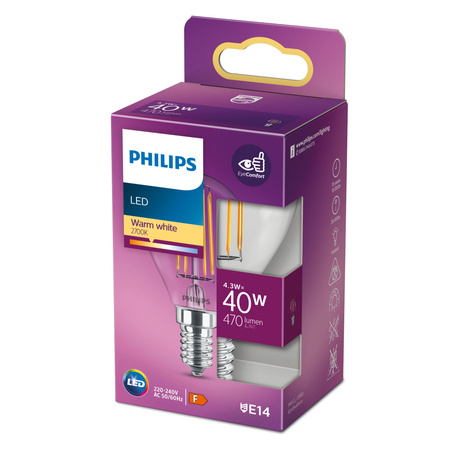 E14 P45 LED žárovka 4.3W = 40W 470lm 2700K Teplá bílá vlákno PHILIPS