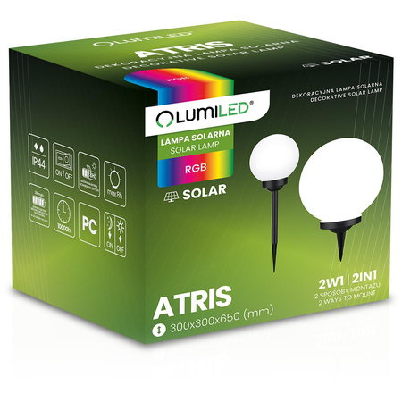 LED ATRIS Solární zahradní lampa poháněná nadzemní bílou koulí 30 cm RGB LUMILED