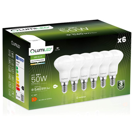 6x Žárovka LED R50, E14 6W = 50W 540lm 4000K Neutralní bílá 120° LUMILED