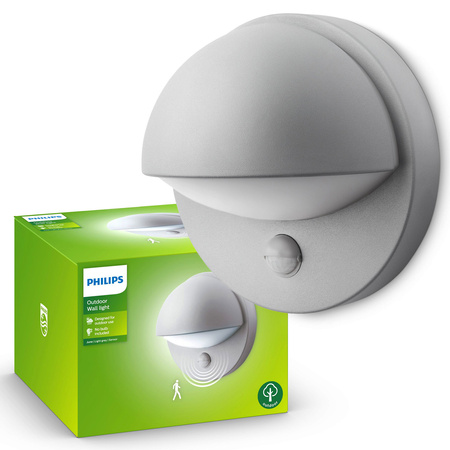 PHILIPS Zahradní venkovní nástěnné svítidlo JUNE E27 IP44 s pohybovým čidlem kulaté šedé