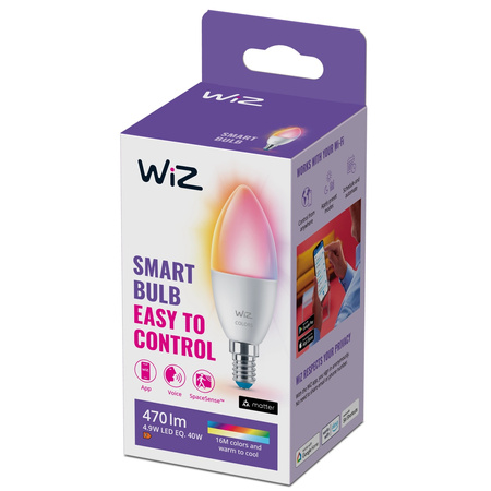 LED žárovka E14 Candle C37 4,9W = 40W 470lm 2200-6500K RGB + TW Smart SMART WiFi Bluetooth App WiZ