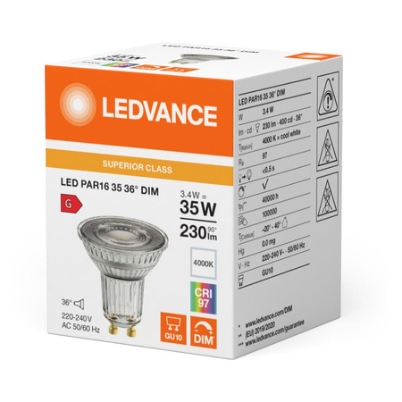 LED GU10 3,4W = 35W 230lm 4000lm neutrální bílá 36° CRI97 DIMMABLE Ledvance