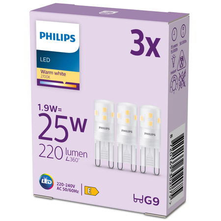 3x LED žárovka s paticí G9 1,9W = 25W 220lm 2700K teplá bílá PHILIPS