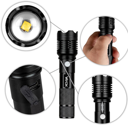 Taktická ruční svítilna Výkonná XHP50 800lm ZOOM USB-C VA0116 Vayox