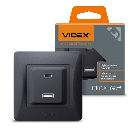 USB-A + USB-C 20W 16A Zásuvka pod omítku černá BINERA VIDEX s rámečkem