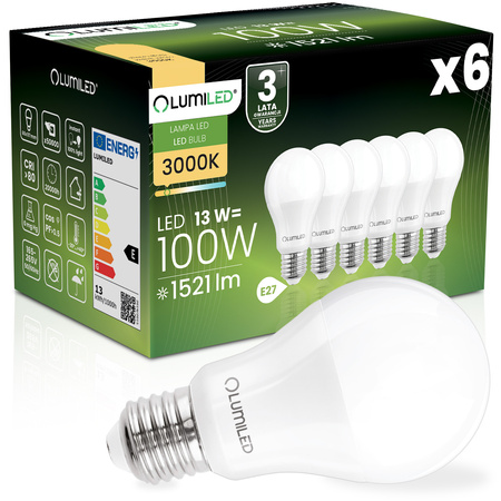 6x Žárovka LED A60, E27 13W = 100W 1521lm 4000K Neutrální bílá 260° LUMILED