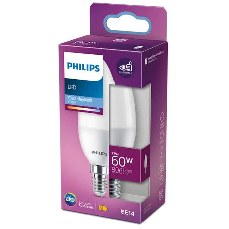 LED žárovka na svíčku E14 B38 7W = 60W 806lm 6500K Studená bílá PHILIPS