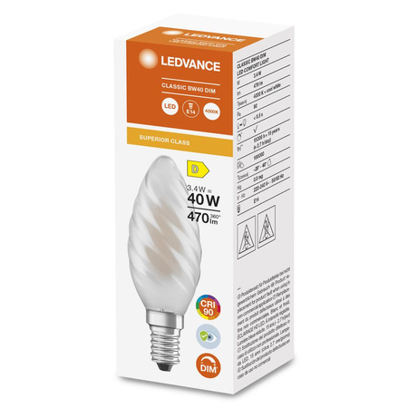 LED žárovka na svíčku E14 BW40 3.4W = 40W 470lm 4000K neutrální bílá 300° CRI90 vlákno Mléčně stmívatelná Ledvance Superior
