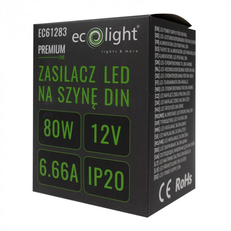 Napájecí zdroj na lištu DIN pro LED pásky 80W 12V 6,66A IP20 PREMIUM Ecolight