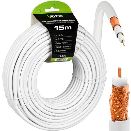 Anténní koaxiální kabel měděný gelový CU pozemní 4K Full HD bílý 15M VAYOX