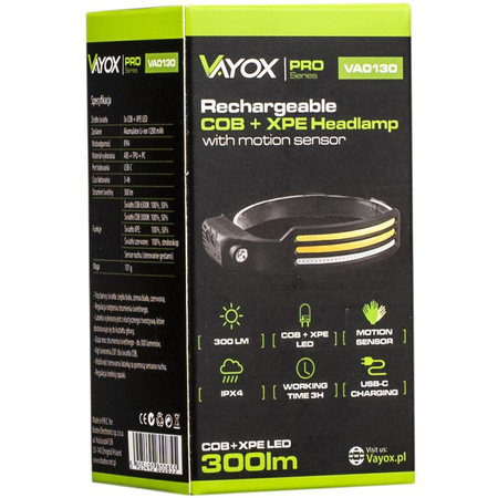 Dobíjecí čelová svítilna 3x COB + XPE Pro Series VA0130 VAYOX