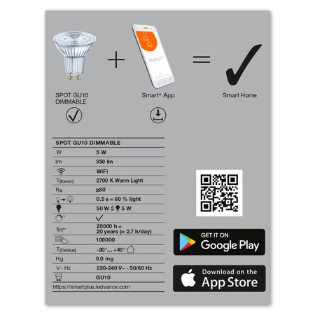 LED žárovka GU10 5W 350lm 2700K Teplá bílá LEDVANCE SMART+ WiFi Stmívatelné
