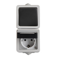 Jednopólová spínací zásuvka Ochrana 10A Uzemnění IP54 Obdélníková šedá TEKNO Kanlux