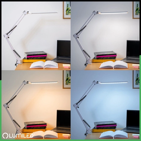 Stolní lampa LED 12W, CCT USB stmívatelná Bílá s držákem COSMI LUMILED