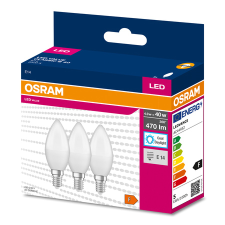 3x LED žárovka E14 B35 4.9W = 40W 470lm 6500K Studená bílá 200° OSRAM Hodnota
