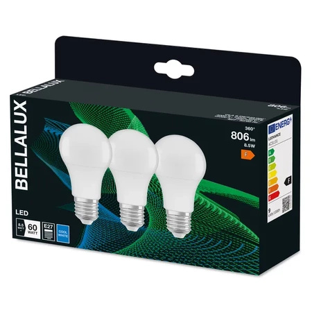 3x LED žárovka E27 A60 8.5W = 60W 806lm 4000K neutrální bílá 200° BELLALUX
