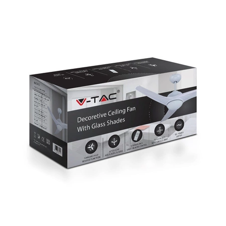 35W stropní ventilátor s vestavěným CCT LED světelným zdrojem a RF dálkovým ovládáním. 3 ramena. Bílý 130 cm VT-6055-3 V-TAC