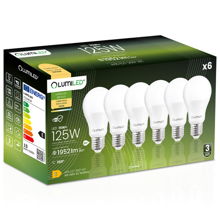 6x Žárovka LED A80, E27 18W = 150W 1952lm 3000K Teplá bílá 260° LUMILED