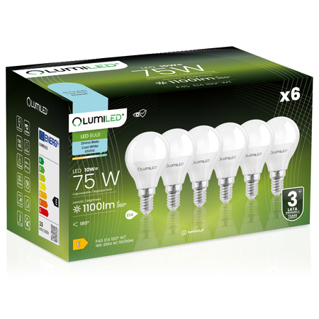 6x LED žárovka E14 Ball P45 10W = 75W 1100lm 6500K Cold 180° LUMILED