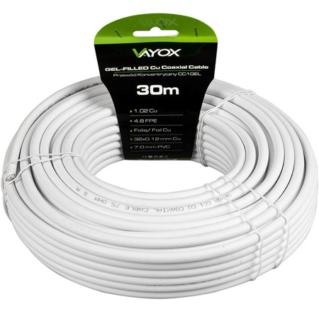 Anténní koaxiální kabel měděný gelový CU pozemní 4K Full HD bílý 30M VAYOX