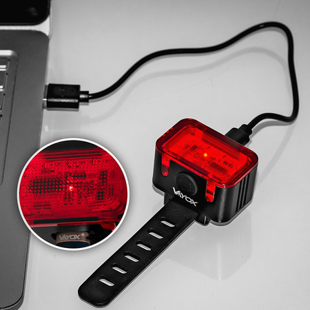 Zadní svítilna na kolo červená USB-C 6 režimů IPX6 POWERFUL VAYOX